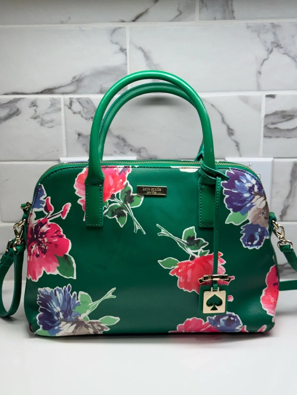 Kate Spade Brightwater Drive Small Rachelle Satchel Green Floral Crossbody Bag